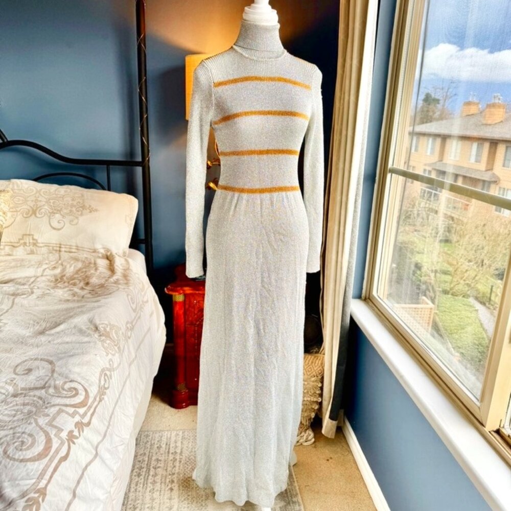 70s Vintage NWT Metallic Silver and Bronze Turtleneck Maxi Dress